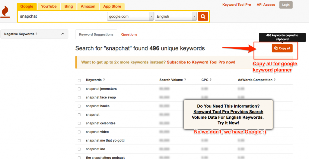 KeywordTool.io Search Features